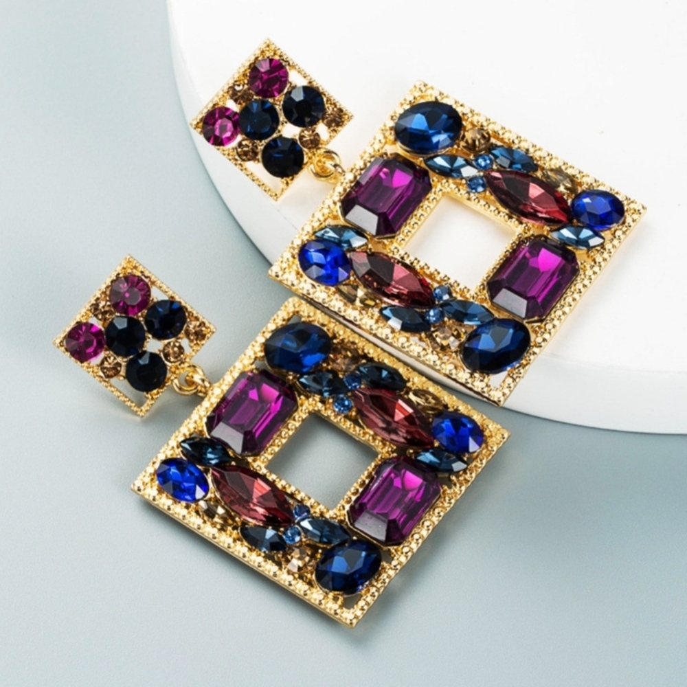 Purple & Blue Rhinestone Geometric Statement Earrings